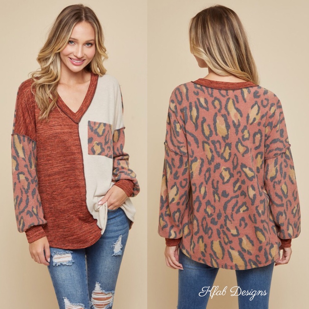 ❤️LAST 2! V Neck Super Soft Leopard Rust Color Block Top! - Picture 2 of 8